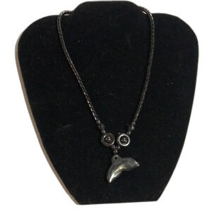 Hematite‎ Bead Necklace with Dolphin Tail Charm Pendant Jewelry